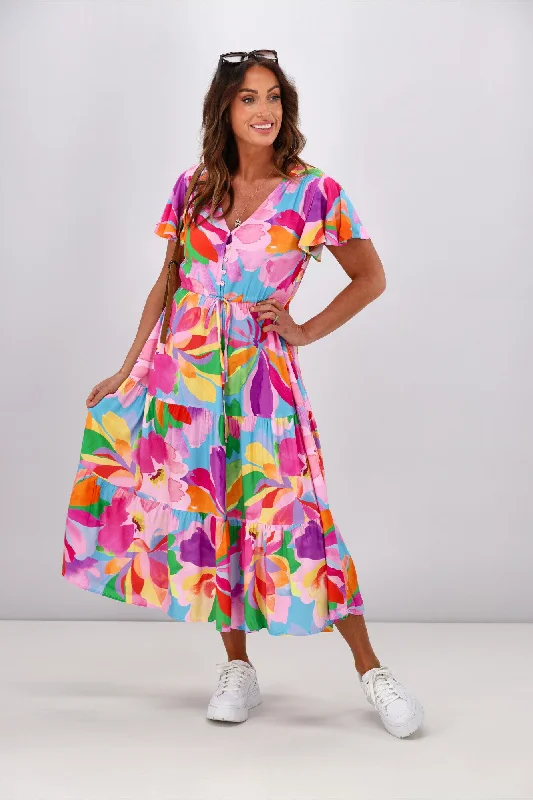 Boho Australia Hibiscus Hues Midi Dress Multi