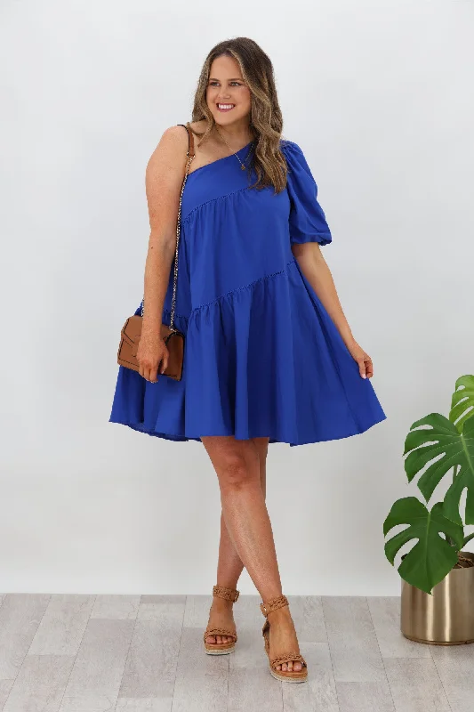 Ebby & I Sally One Shoulder Dress  Blue