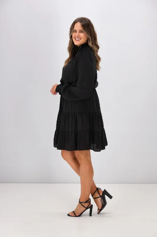 Gloss by Shine On Mandy Long Sleeve Tiered Dress Black