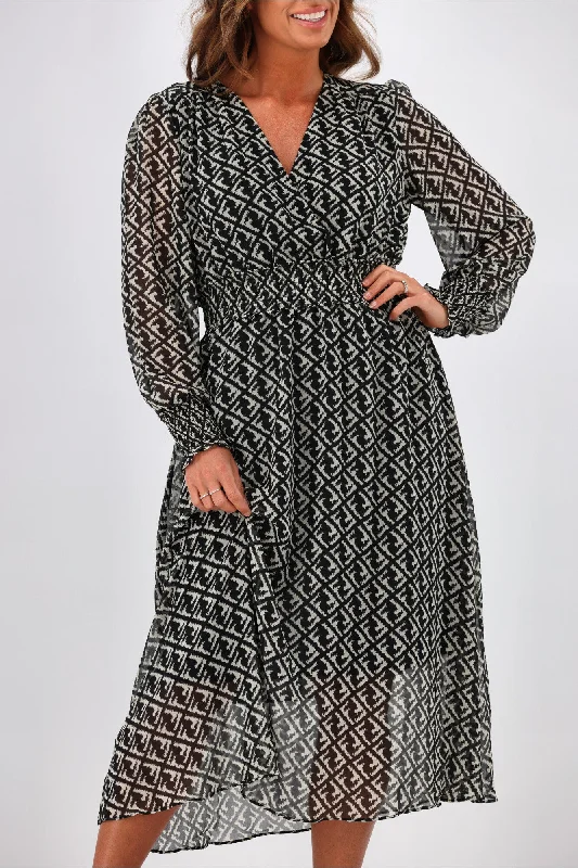 Gloss by Shine On Taigen Wrap Front Shirred Waist Dress Geo Print