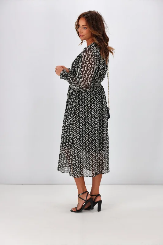 Gloss by Shine On Taigen Wrap Front Shirred Waist Dress Geo Print