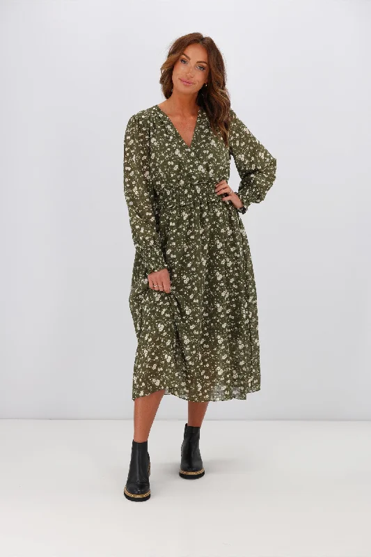 Gloss by Shine On Taigen Wrap Front Shirred Waist Dress Olive Check Floral