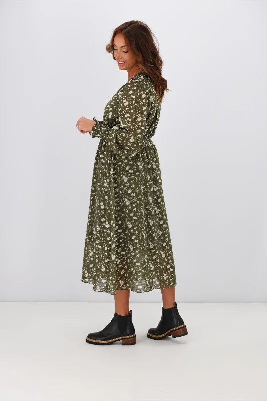 Gloss by Shine On Taigen Wrap Front Shirred Waist Dress Olive Check Floral