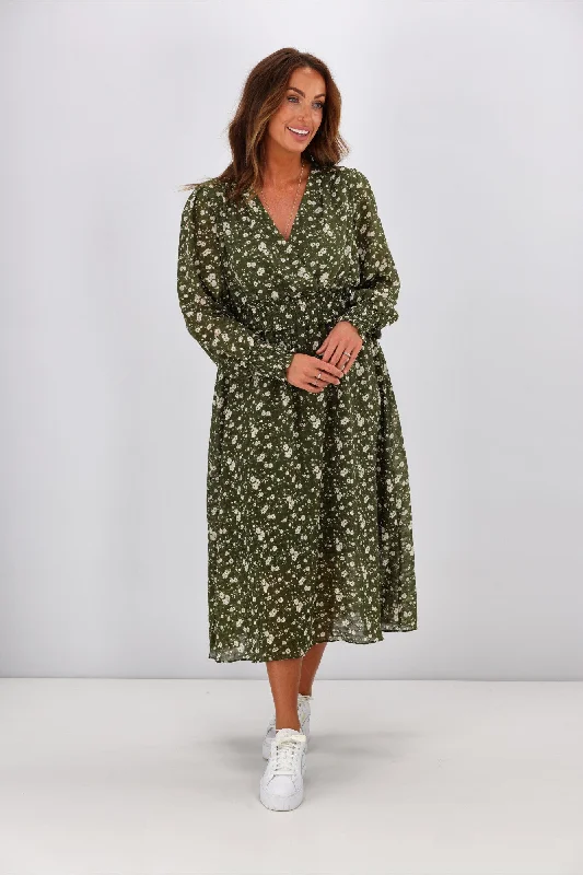 Gloss by Shine On Taigen Wrap Front Shirred Waist Dress Olive Check Floral