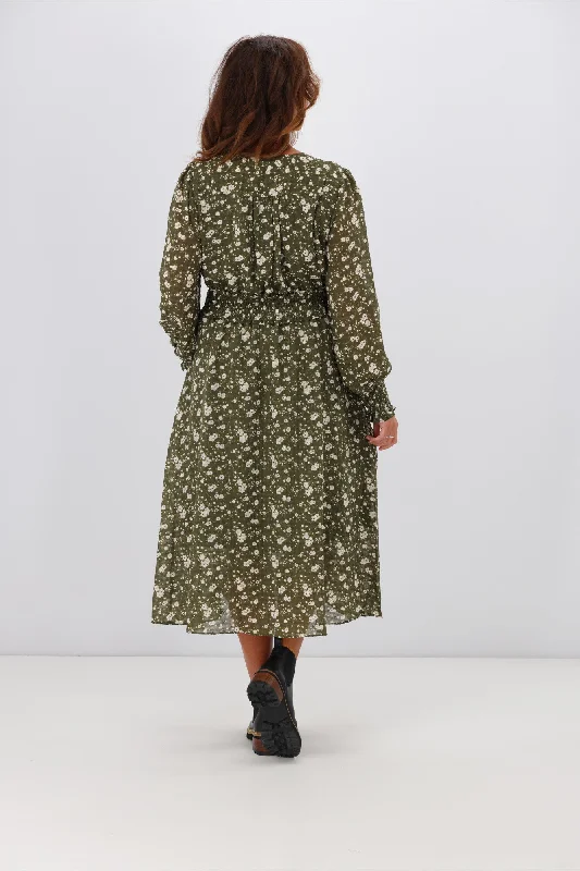 Gloss by Shine On Taigen Wrap Front Shirred Waist Dress Olive Check Floral