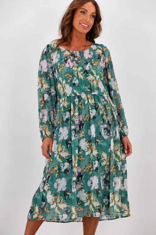 Jane James Lillian Pintuck Dress Teal Floral