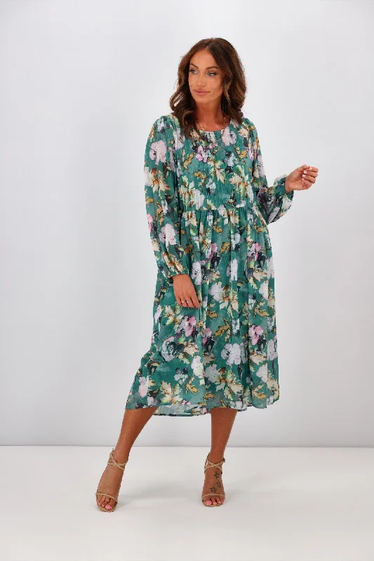 Jane James Lillian Pintuck Dress Teal Floral