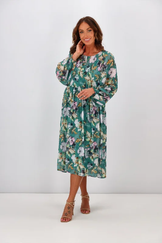 Jane James Lillian Pintuck Dress Teal Floral