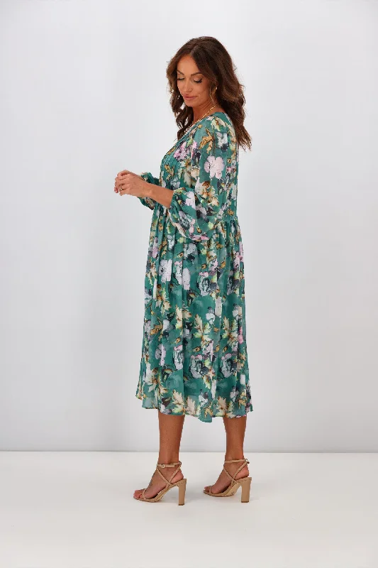 Jane James Lillian Pintuck Dress Teal Floral