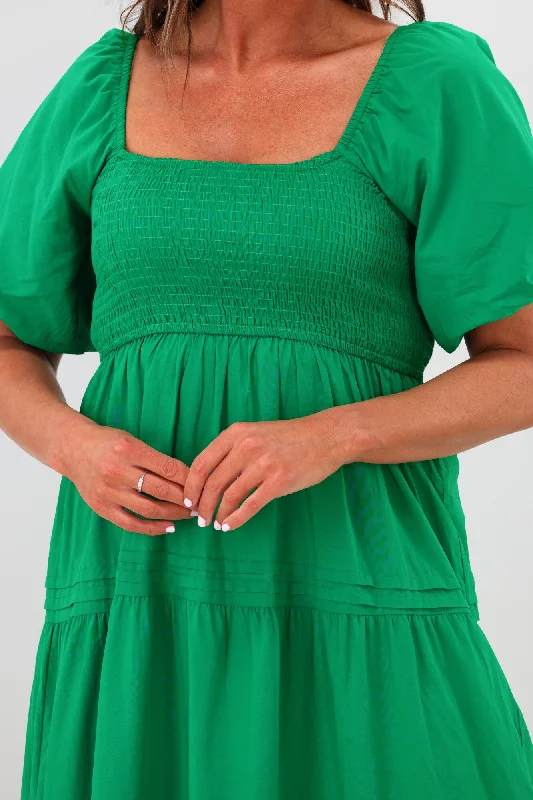 Natural Bay Shirred Bodice Cotton Dress Green