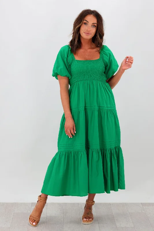 Natural Bay Shirred Bodice Cotton Dress Green