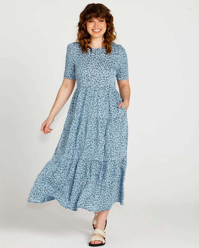 Sass Zahlia Tiered Midi Dress Denim Cheetah