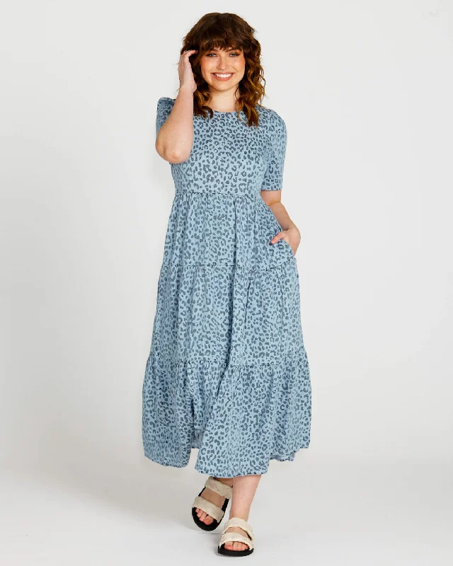 Sass Zahlia Tiered Midi Dress Denim Cheetah