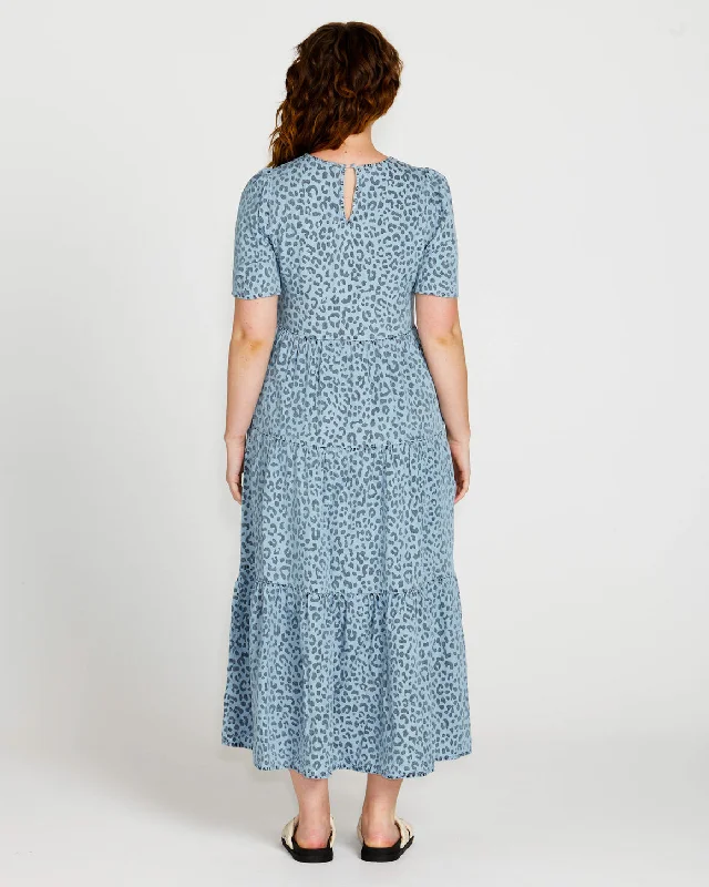 Sass Zahlia Tiered Midi Dress Denim Cheetah