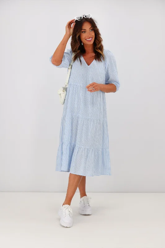 Shine On Label Dahlia Tiered Midi Dress Blue Stripe