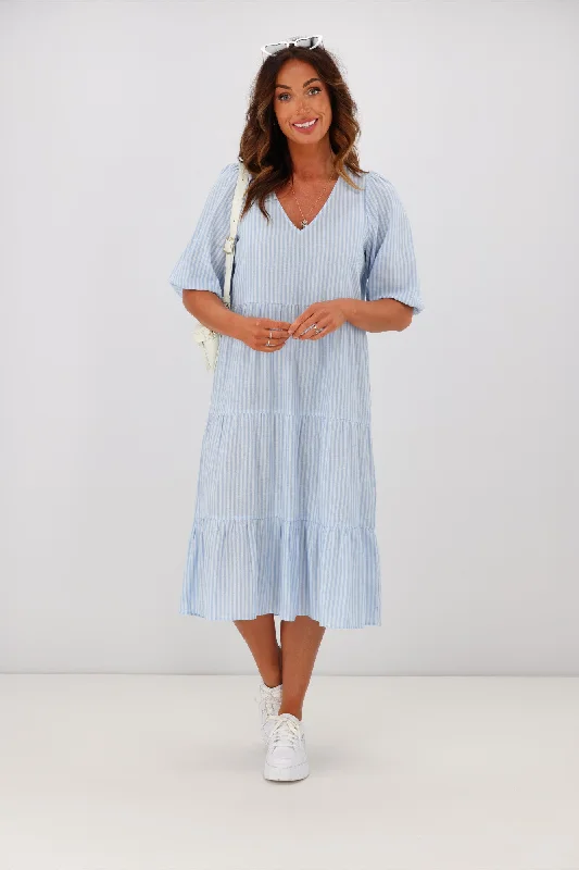 Shine On Label Dahlia Tiered Midi Dress Blue Stripe