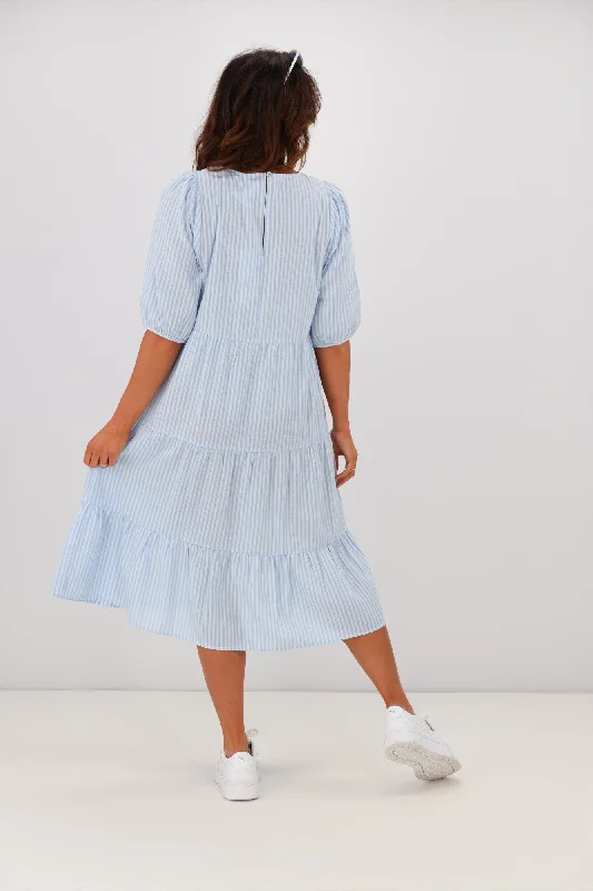 Shine On Label Dahlia Tiered Midi Dress Blue Stripe