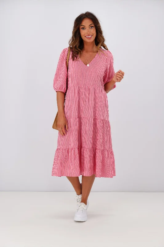 Shine On Label Dahlia Tiered Midi Dress Pink Red Stripe