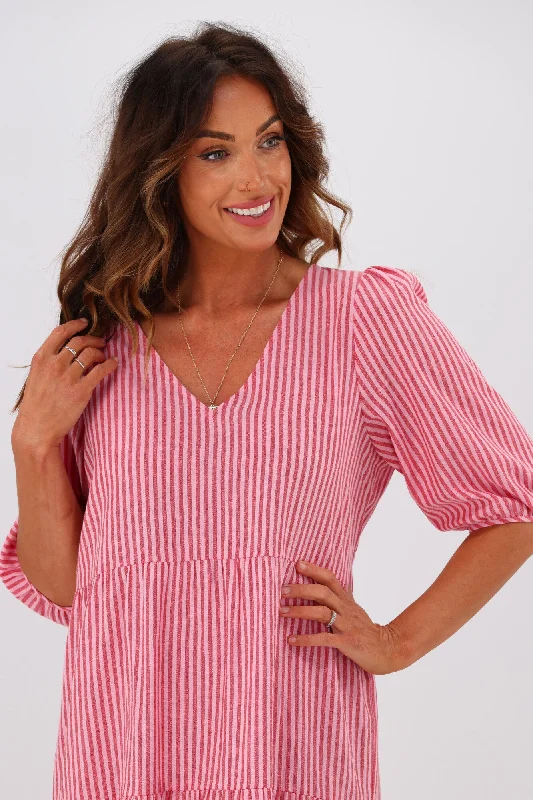 Shine On Label Dahlia Tiered Midi Dress Pink Red Stripe