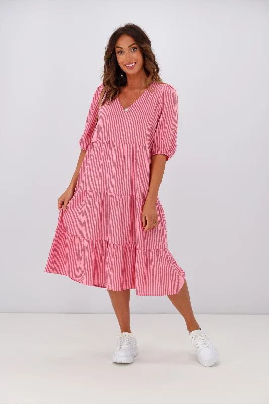 Shine On Label Dahlia Tiered Midi Dress Pink Red Stripe