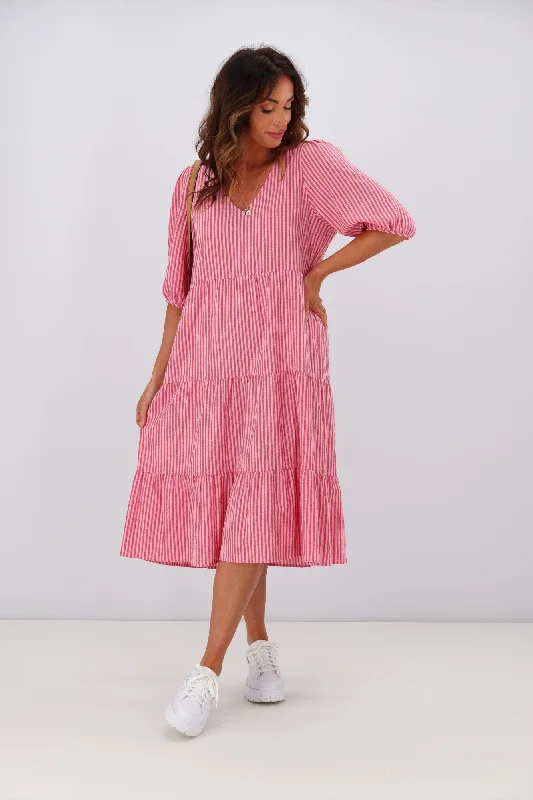 Shine On Label Dahlia Tiered Midi Dress Pink Red Stripe