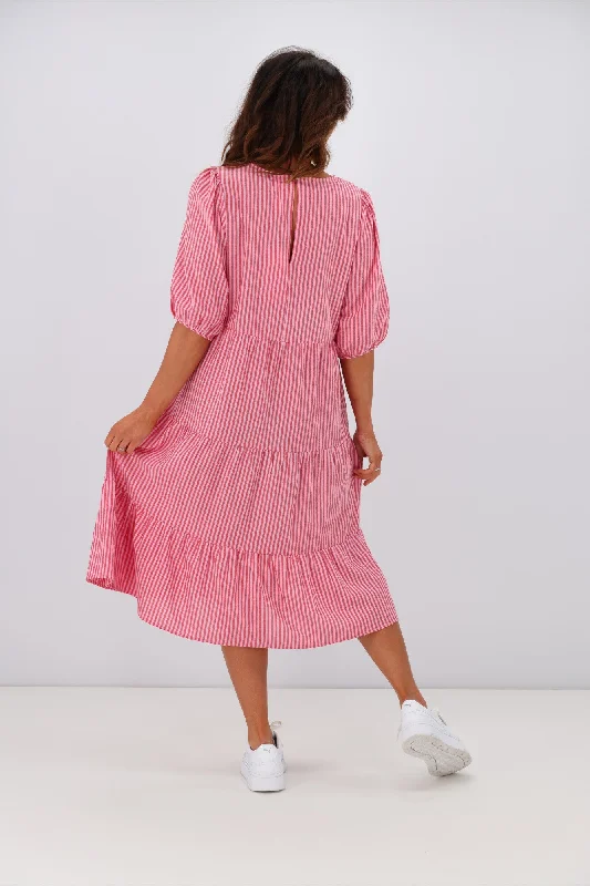 Shine On Label Dahlia Tiered Midi Dress Pink Red Stripe