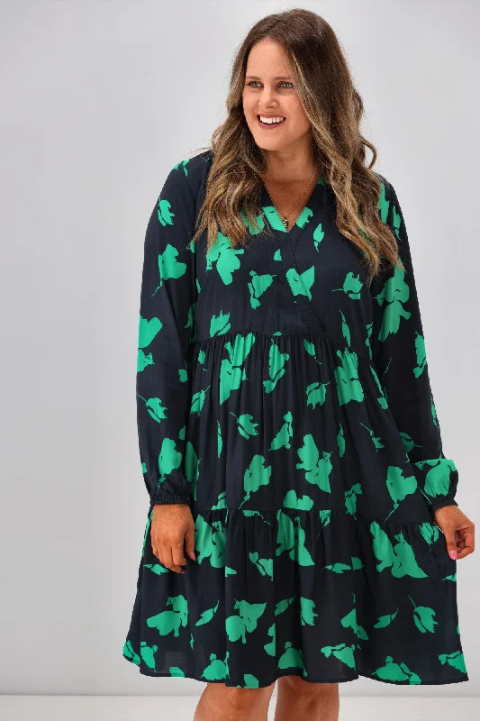 Shine On Label Sandra V Neck Baby Doll Dress Navy Green Abstract FloralPrint