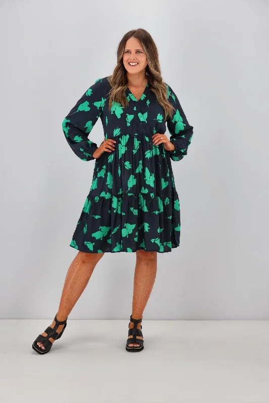 Shine On Label Sandra V Neck Baby Doll Dress Navy Green Abstract FloralPrint