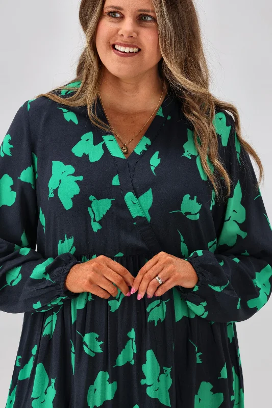 Shine On Label Sandra V Neck Baby Doll Dress Navy Green Abstract FloralPrint