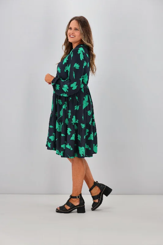 Shine On Label Sandra V Neck Baby Doll Dress Navy Green Abstract FloralPrint