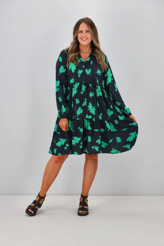 Shine On Label Sandra V Neck Baby Doll Dress Navy Green Abstract FloralPrint