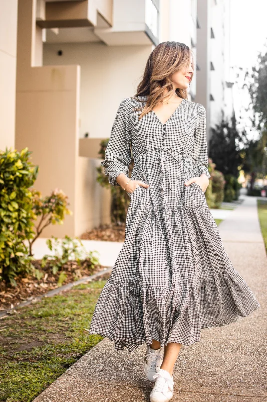 Silver Wishes Selma Gingham Long Sleeve Midi Dress