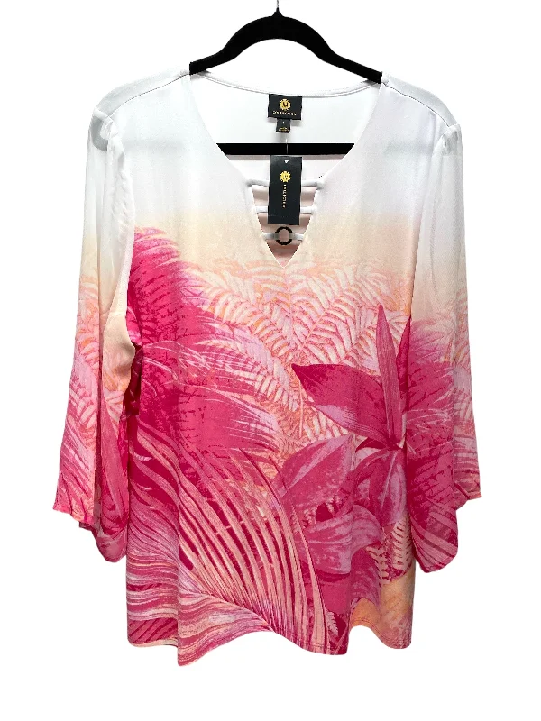 Top Long Sleeve By Jm Collections In Pink & White, Size: L