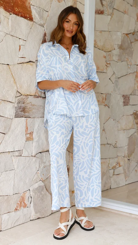 Capri Button Up Shirt and Pants Set - Light Blue Print