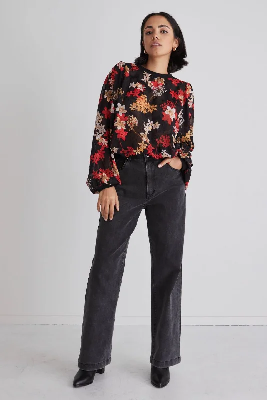 Chance Black Red Floral Georgette Ls Rib Hem Top