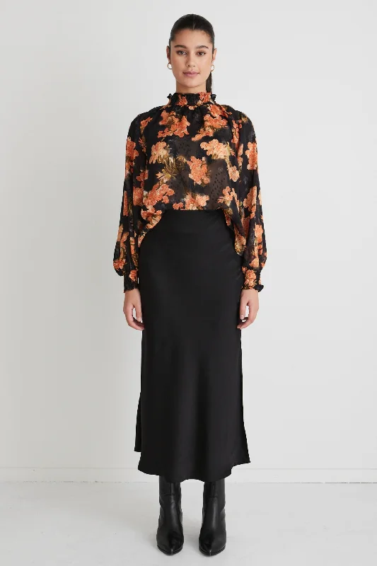 Embrace Black Orange Floral Ls High Neck Shirred Puff Sleeve Top