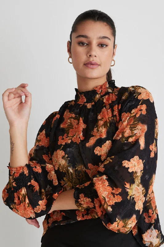 Embrace Black Orange Floral Ls High Neck Shirred Puff Sleeve Top