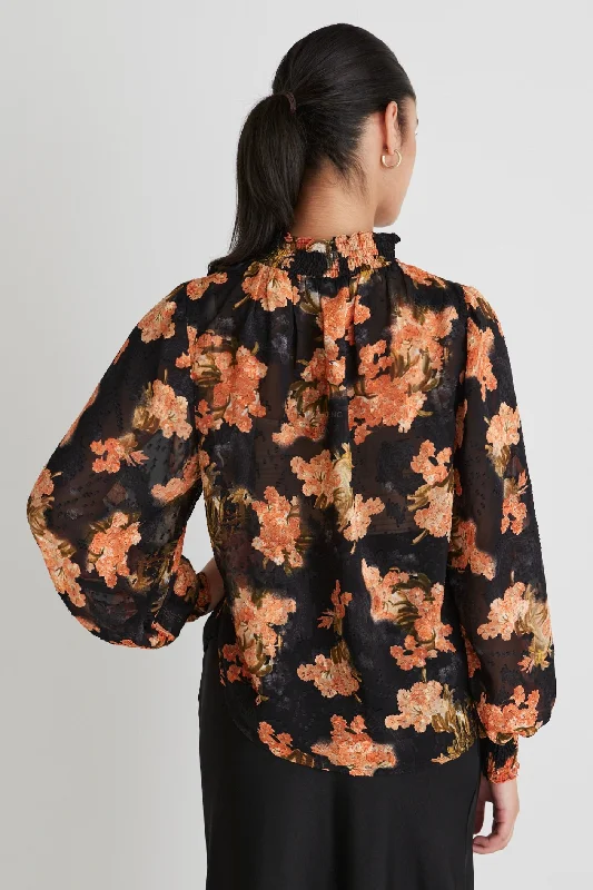 Embrace Black Orange Floral Ls High Neck Shirred Puff Sleeve Top