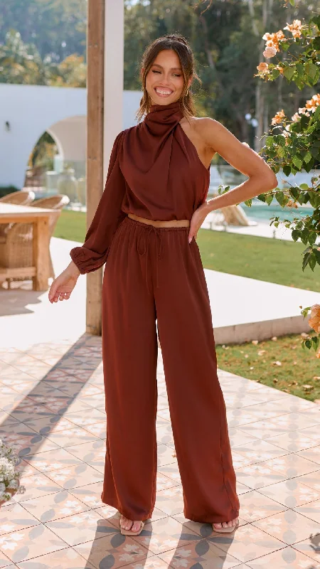 Esther One Shoulder Long Sleeve Top - Brown