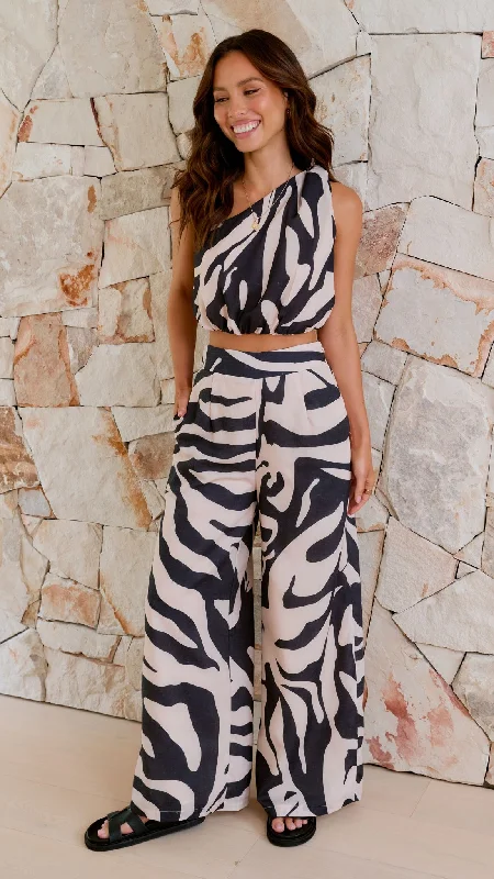 Idris Crop Top and Pants Set - Black / Beige Zebra