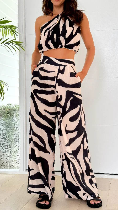 Idris Crop Top and Pants Set - Black / Beige Zebra