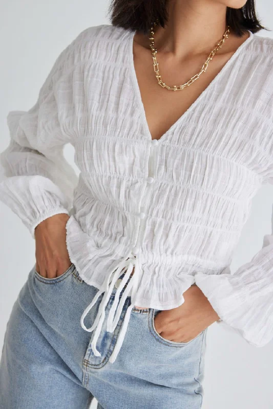 Jolie White Shirred Cotton LS Button Down Top