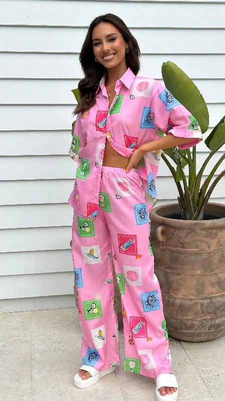 Kourt Button Up Shirt and Pants Set - Pink Stamps Set