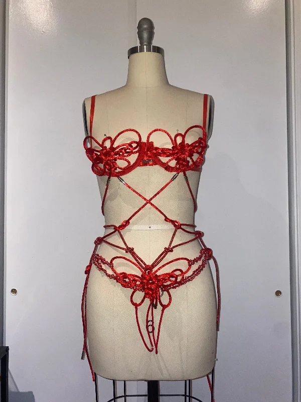 RED BUTTERFLY KNOT BRA SET/ BODYSUIT