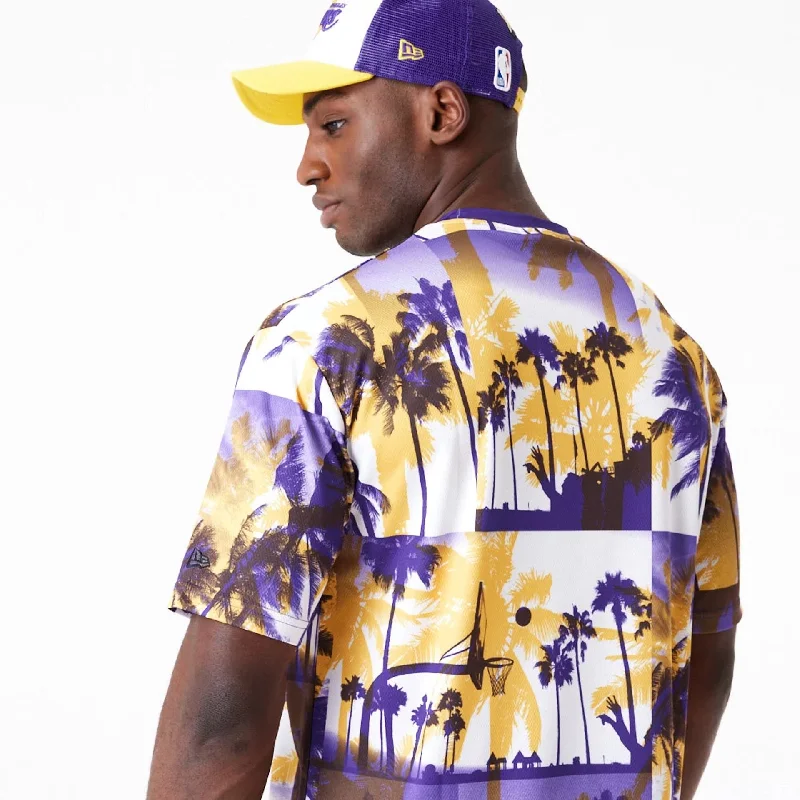 LA Lakers NBA Palm Tree Mesh Dark Yellow T-Shirt