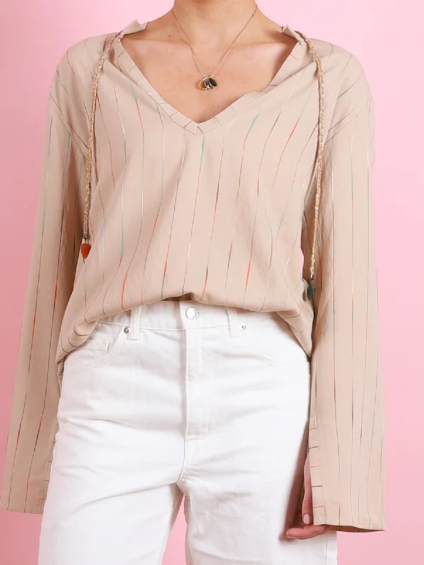 Woven Striped V-Neck Blouse