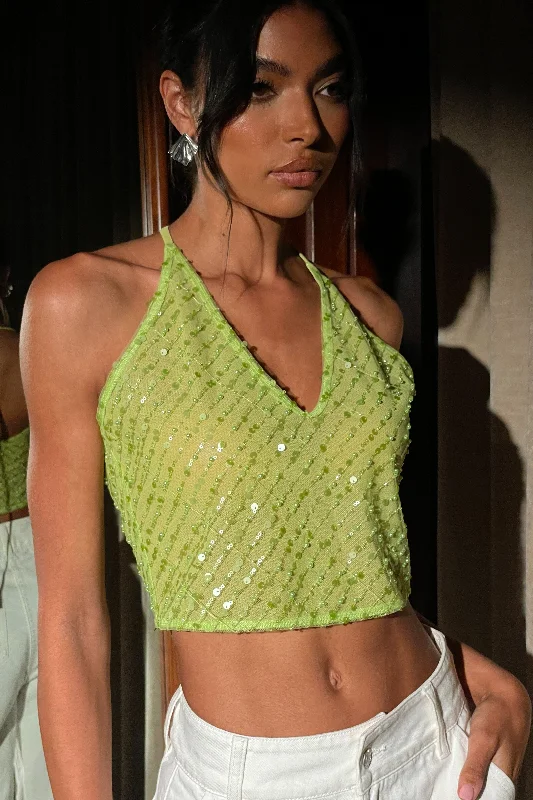 Brielle Sequin Halter Top - Parakeet Green