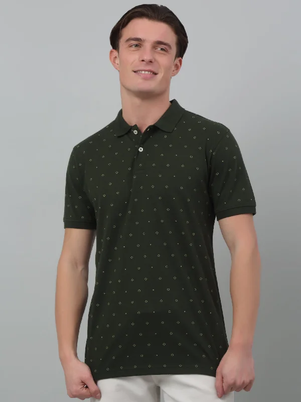 Cantabil Green Printed Polo Neck Half Sleeve T-shirt For Men