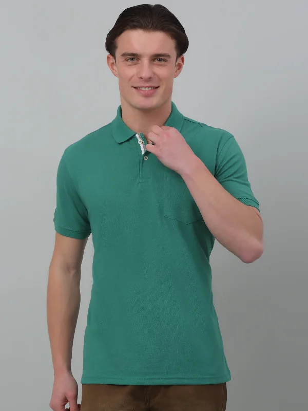 Cantabil Green Solid Polo Neck Half Sleeve T-shirt For Men