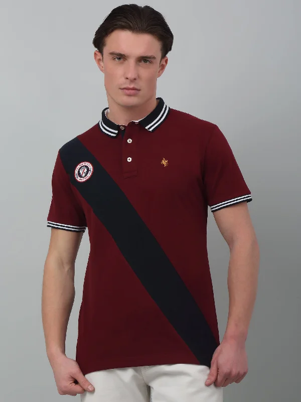 Cantabil Maroon Color-Block Polo Neck Half Sleeve T-shirt For Men